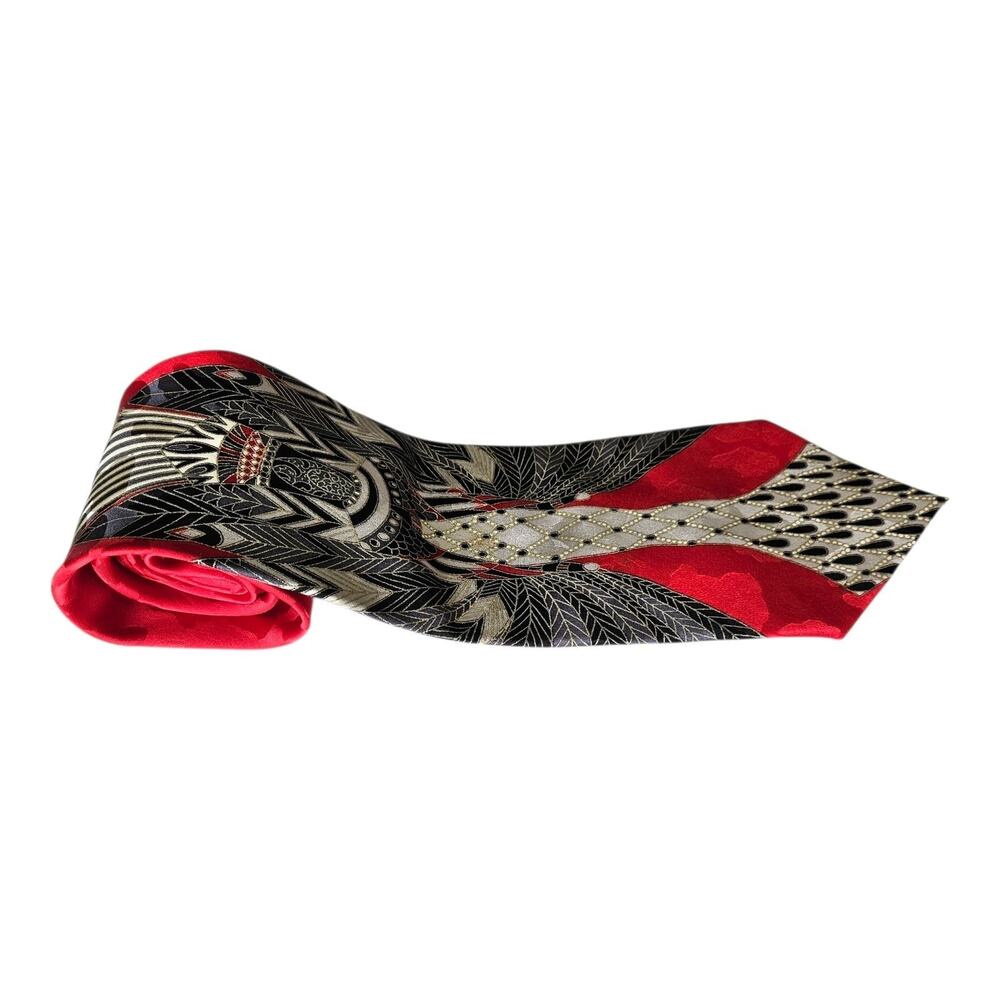 PAUL RODON Couture Men's Tie Necktie Egyptian Theme Red Black Gold Gray Silk